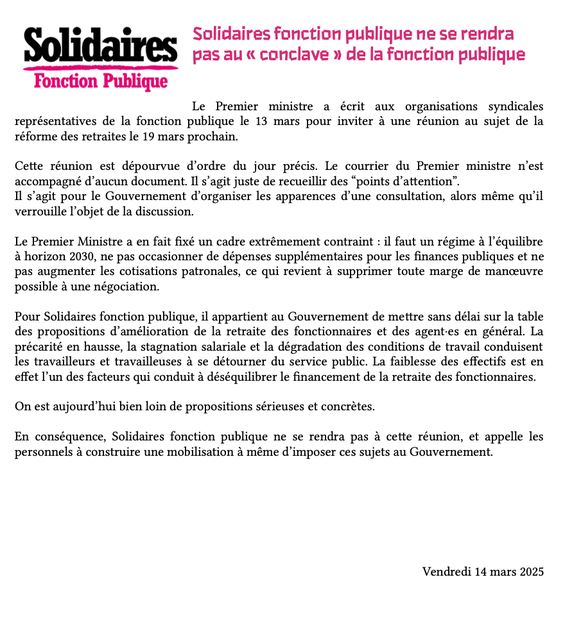 Solidaires fonction publique ne se rendra pas au « conclave » de la fonction publique