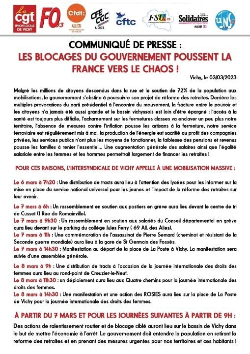 CommuniquéIntersyndicalVichy4mars2023