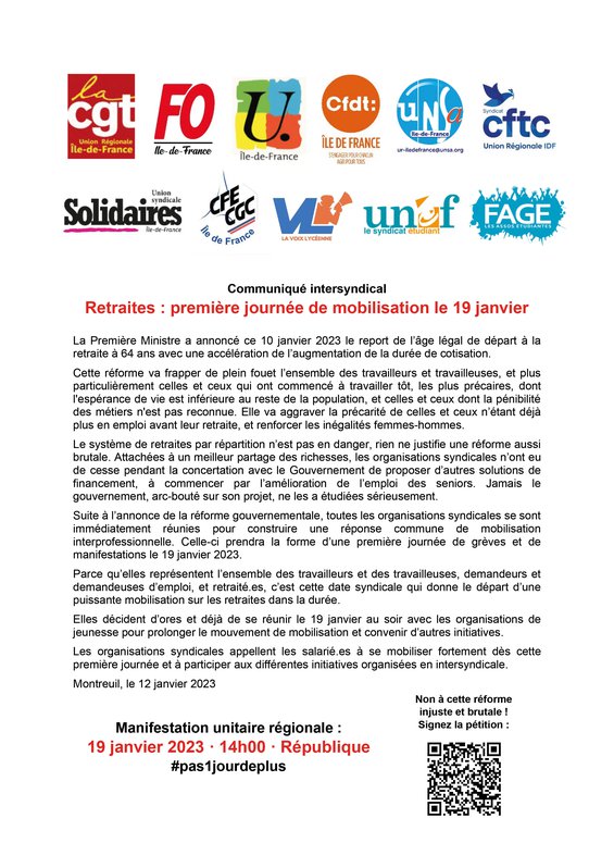 Retraites : première journée de mobilisation le 19 janvier